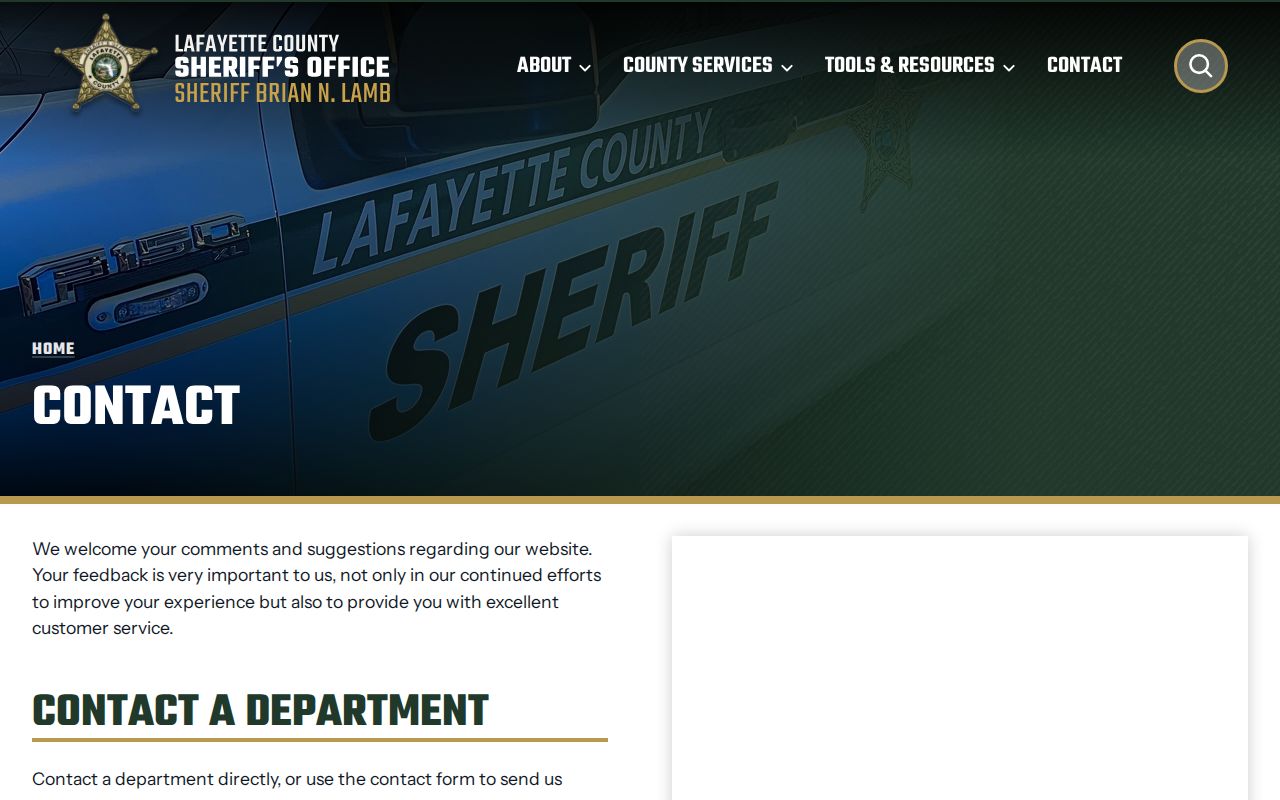 Lafayette County Sheriff contact page listing records, jail, and dispatch phone numbers
