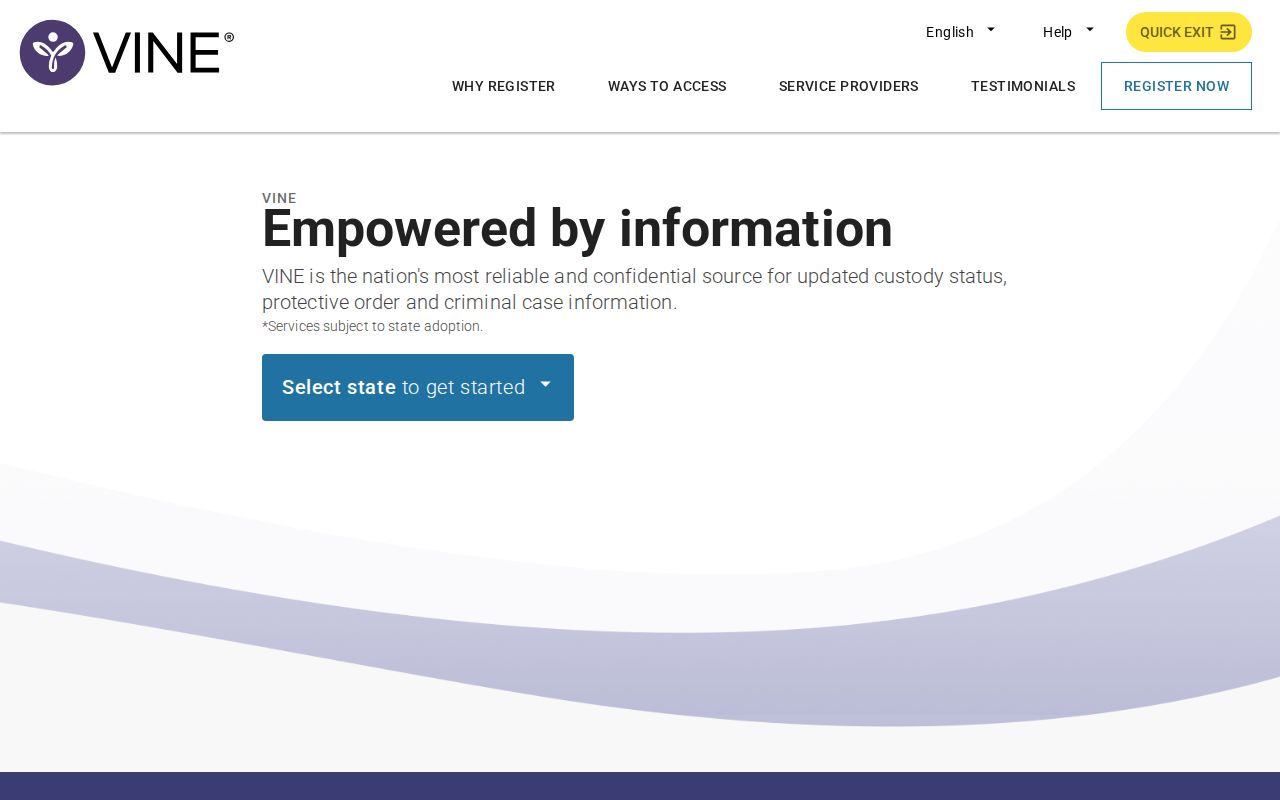 VINELink custody search screen for selecting a state and entering identifying details