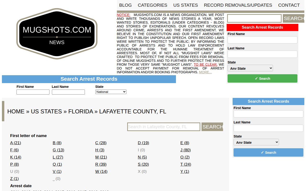 Historical unofficial Mugshots.com Lafayette County page showing an older date range
